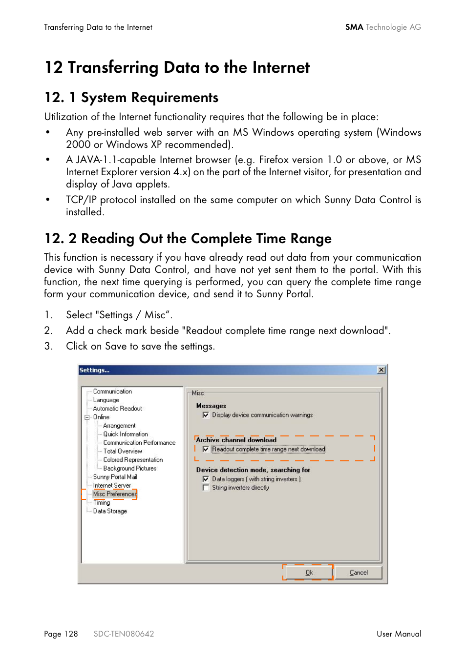 12 transferring data to the internet, 1 system requirements, 2 reading out the complete time range | Transferring data to the internet, D 12. 2 „reading out the | SMA Sunny Data Control V.4.2 User Manual | Page 128 / 196