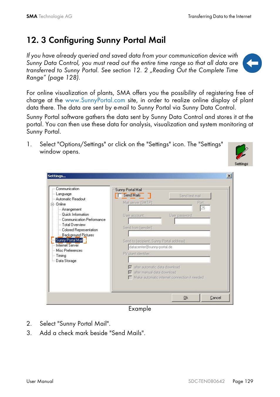 3 configuring sunny portal mail | SMA Sunny Data Control V.4.2 User Manual | Page 129 / 196