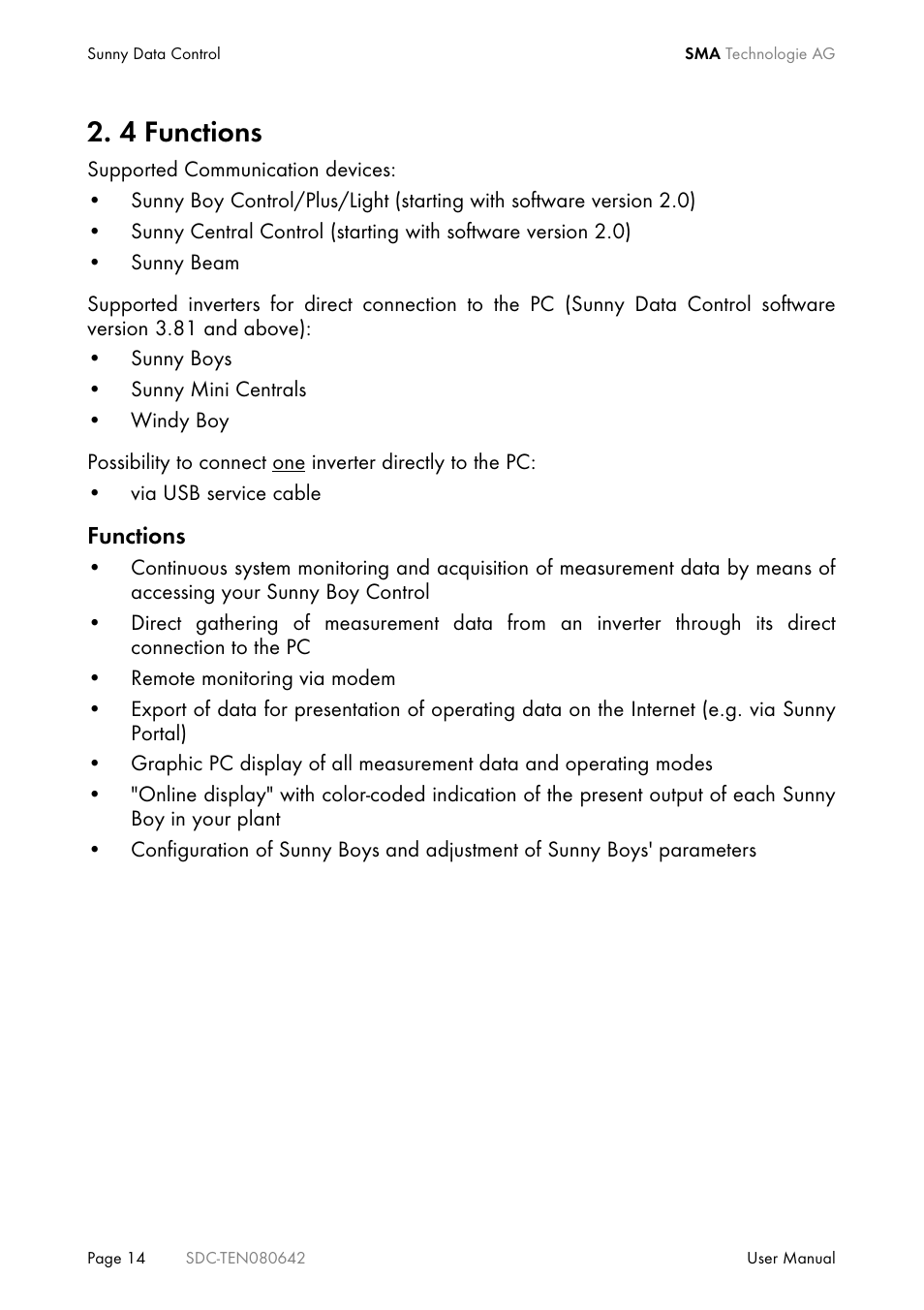 4 functions, Functions | SMA Sunny Data Control V.4.2 User Manual | Page 14 / 196