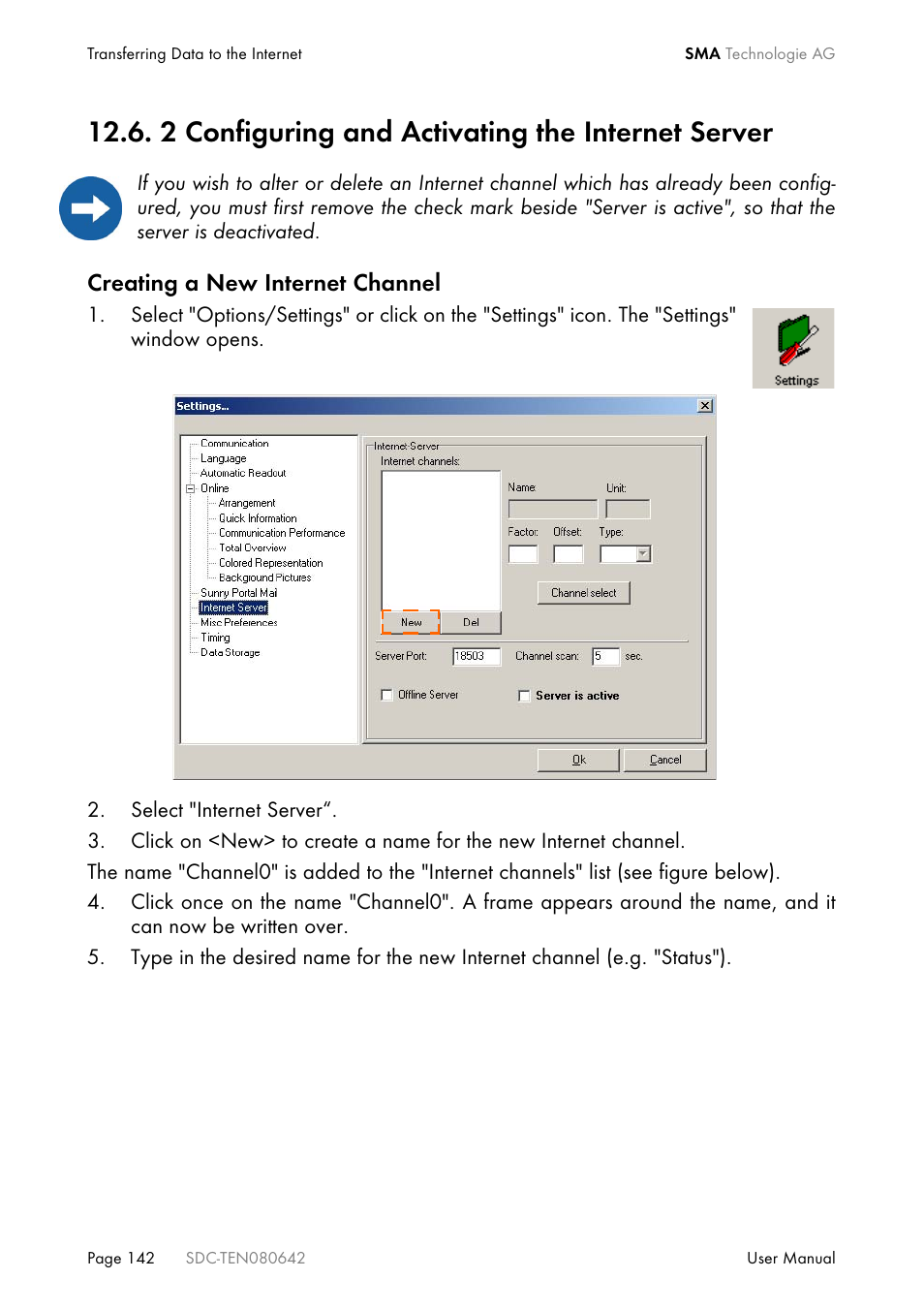 2 configuring and activating the internet server | SMA Sunny Data Control V.4.2 User Manual | Page 142 / 196