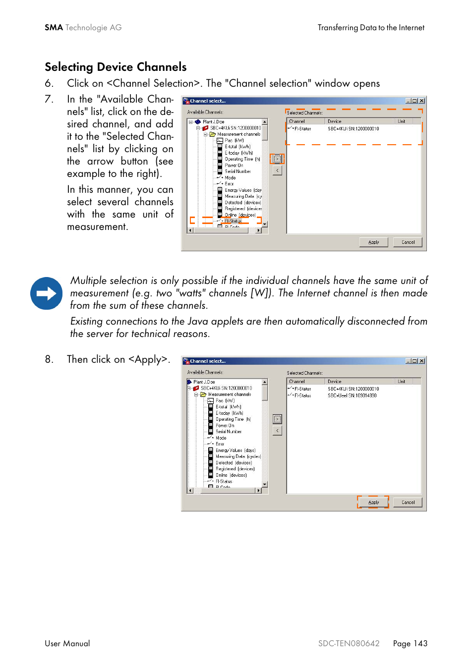 Selecting device channels | SMA Sunny Data Control V.4.2 User Manual | Page 143 / 196