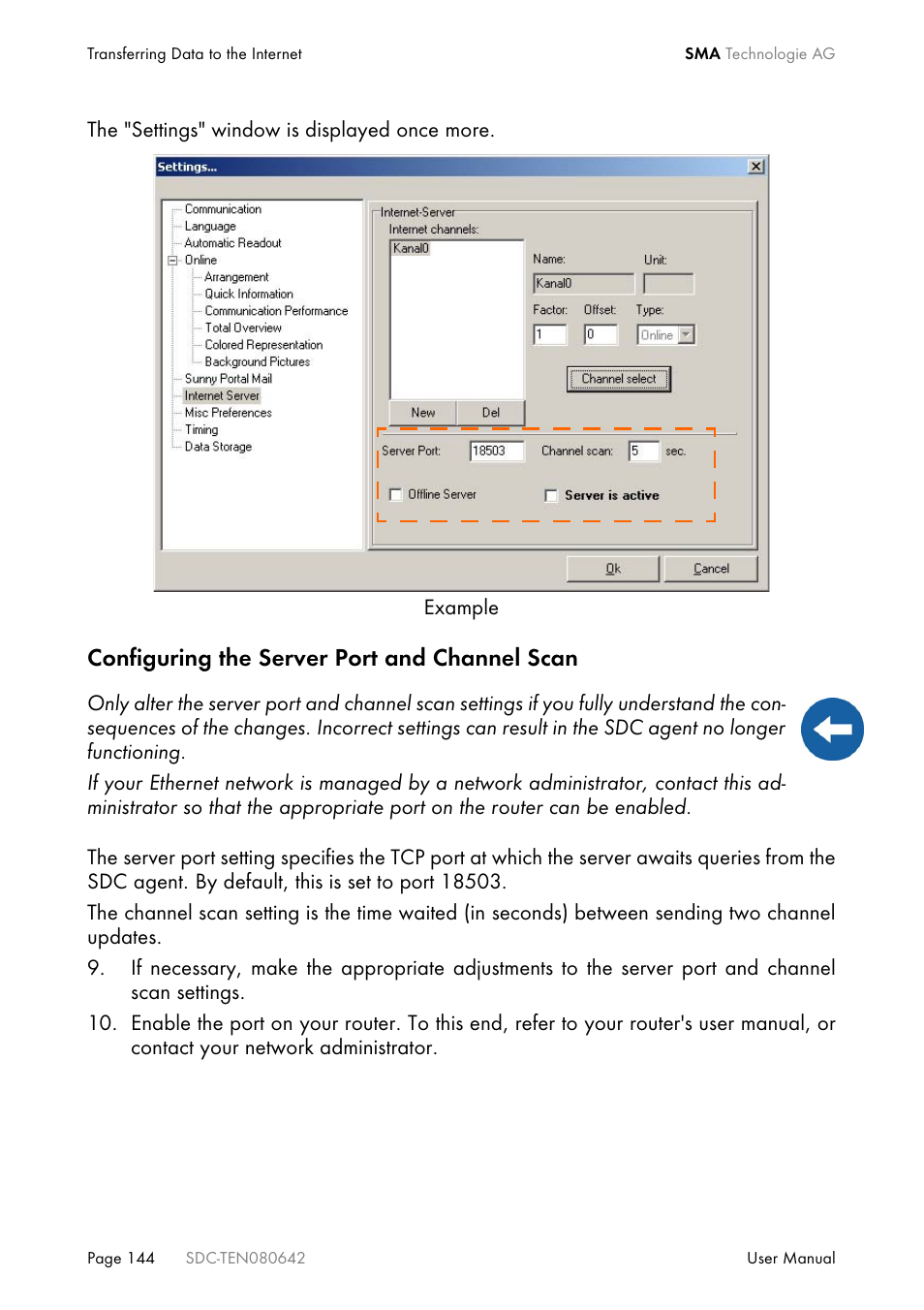 Configuring the server port and channel scan | SMA Sunny Data Control V.4.2 User Manual | Page 144 / 196