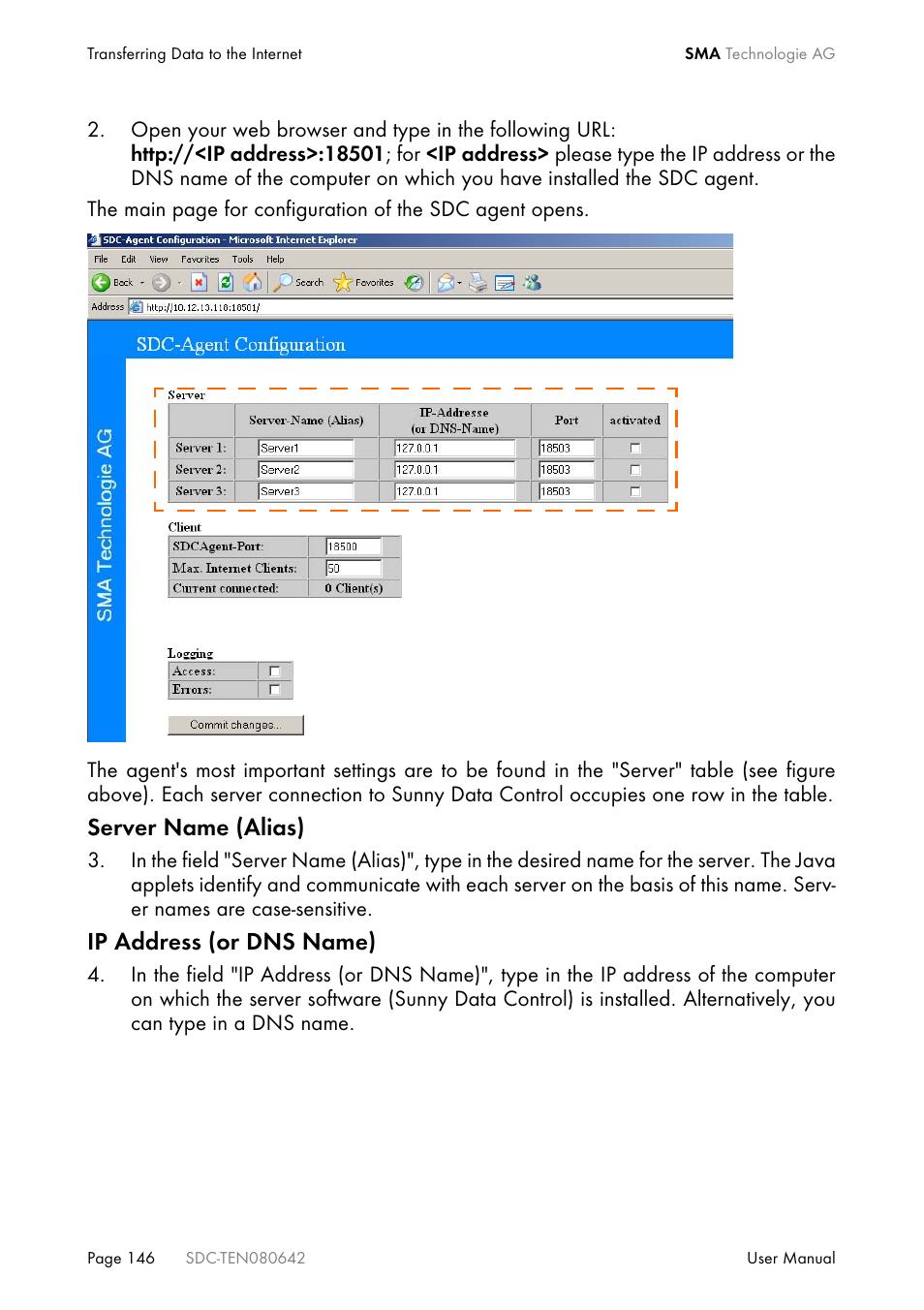 Server name (alias), Ip address (or dns name) | SMA Sunny Data Control V.4.2 User Manual | Page 146 / 196