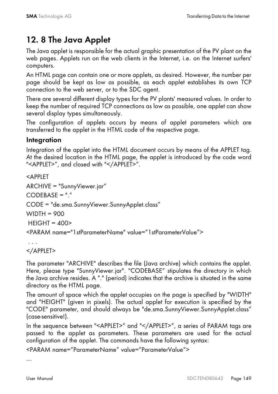 8 the java applet, Integration | SMA Sunny Data Control V.4.2 User Manual | Page 149 / 196