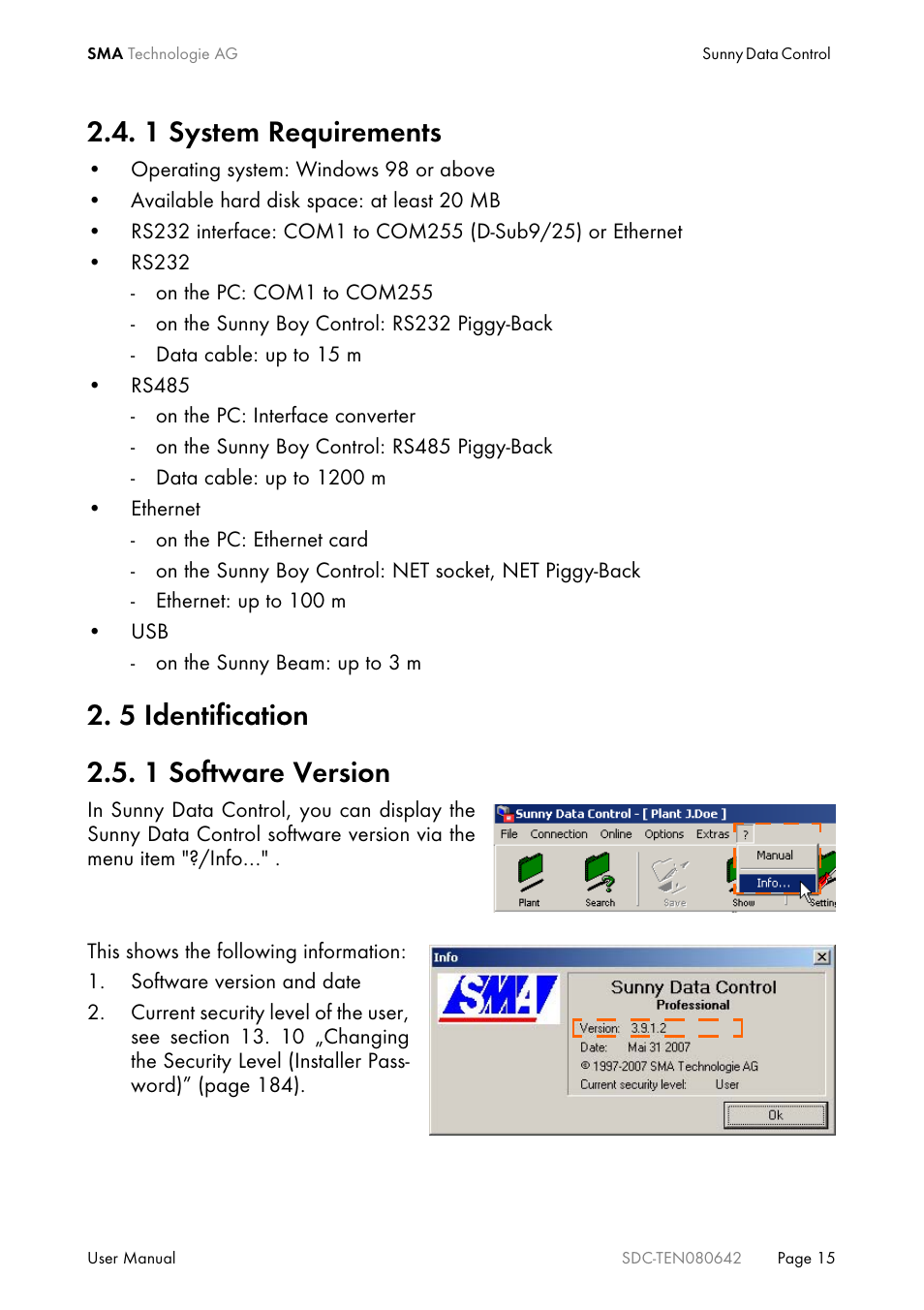 1 system requirements, 5 identification, 1 software version | System requirements, Identification, Software version, 5 identification 2.5. 1 software version | SMA Sunny Data Control V.4.2 User Manual | Page 15 / 196