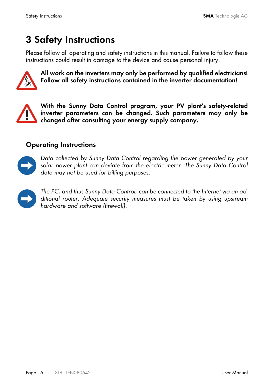 3 safety instructions, Safety instructions, Operating instructions | SMA Sunny Data Control V.4.2 User Manual | Page 16 / 196