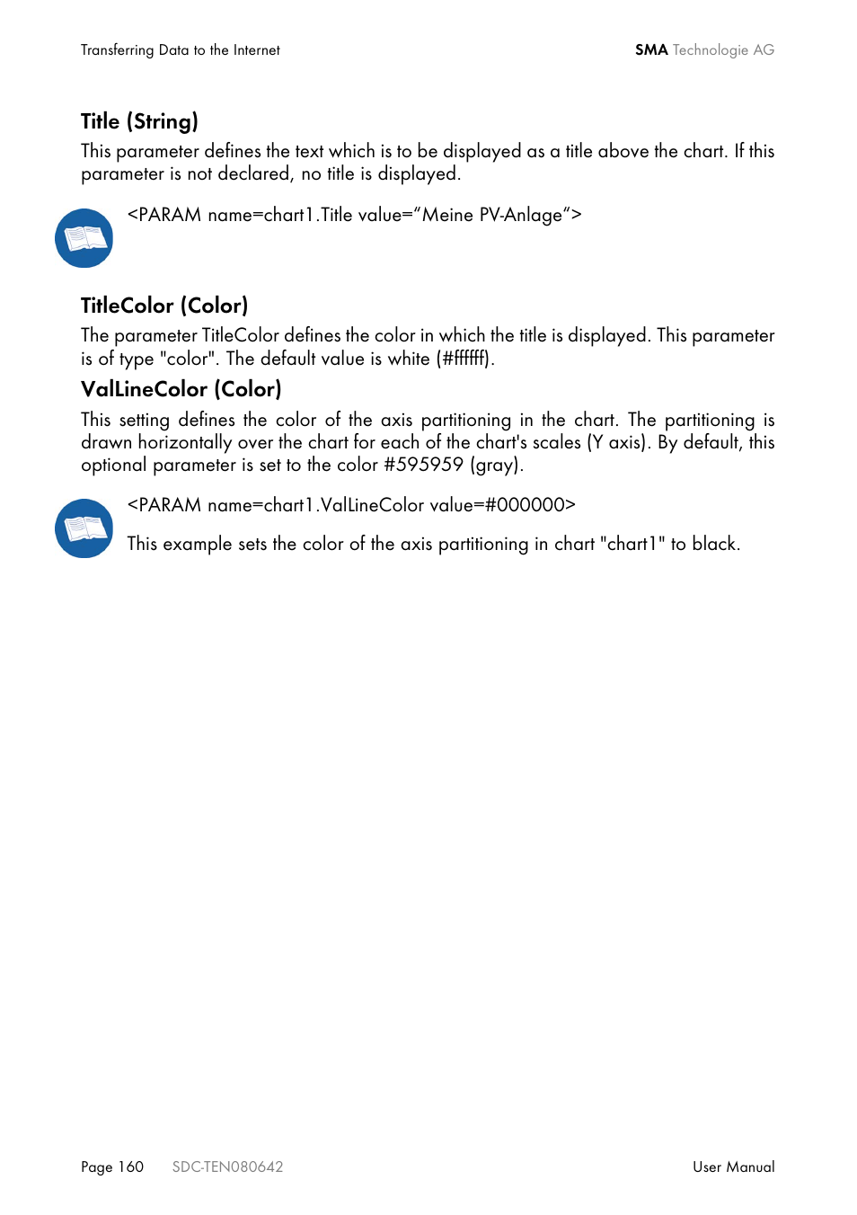 Title (string), Titlecolor (color), Vallinecolor (color) | SMA Sunny Data Control V.4.2 User Manual | Page 160 / 196