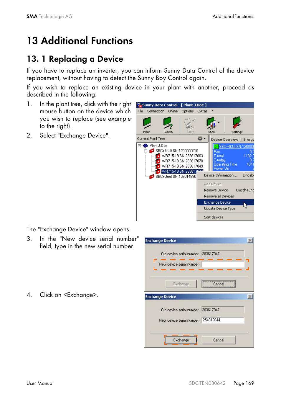 13 additional functions, 1 replacing a device, Additional functions | SMA Sunny Data Control V.4.2 User Manual | Page 169 / 196