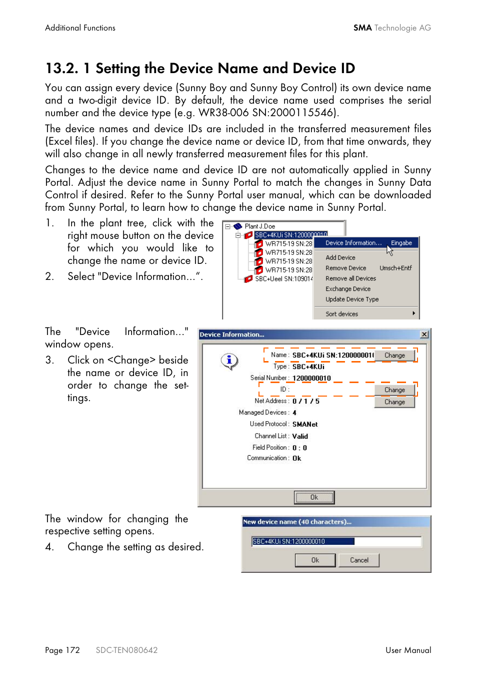 1 setting the device name and device id | SMA Sunny Data Control V.4.2 User Manual | Page 172 / 196