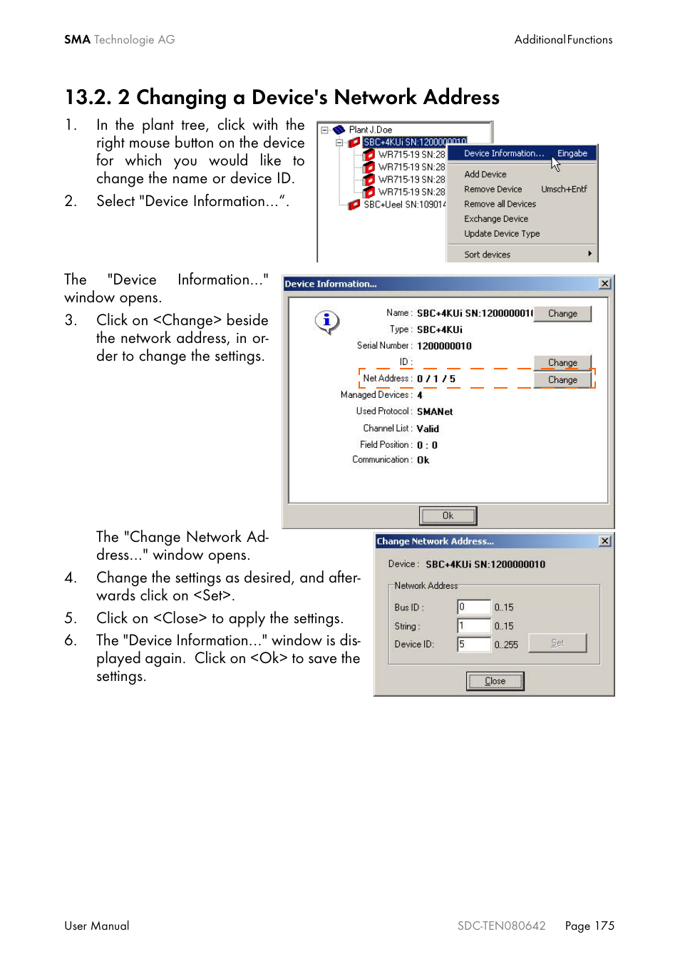 2 changing a device's network address | SMA Sunny Data Control V.4.2 User Manual | Page 175 / 196