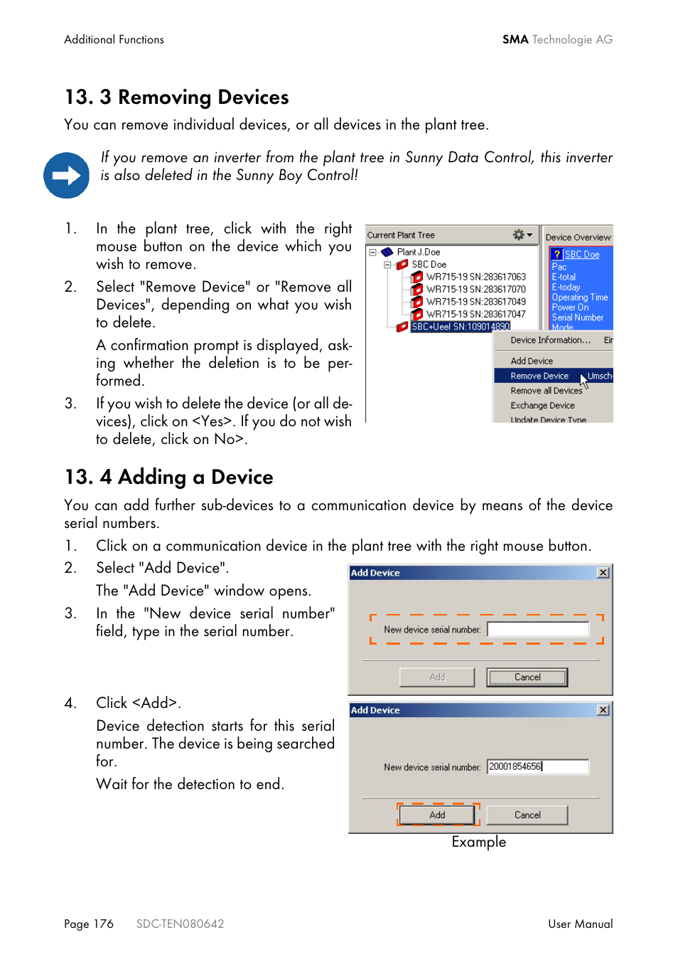 3 removing devices, 4 adding a device, 3 removing devices 13. 4 adding a device | SMA Sunny Data Control V.4.2 User Manual | Page 176 / 196