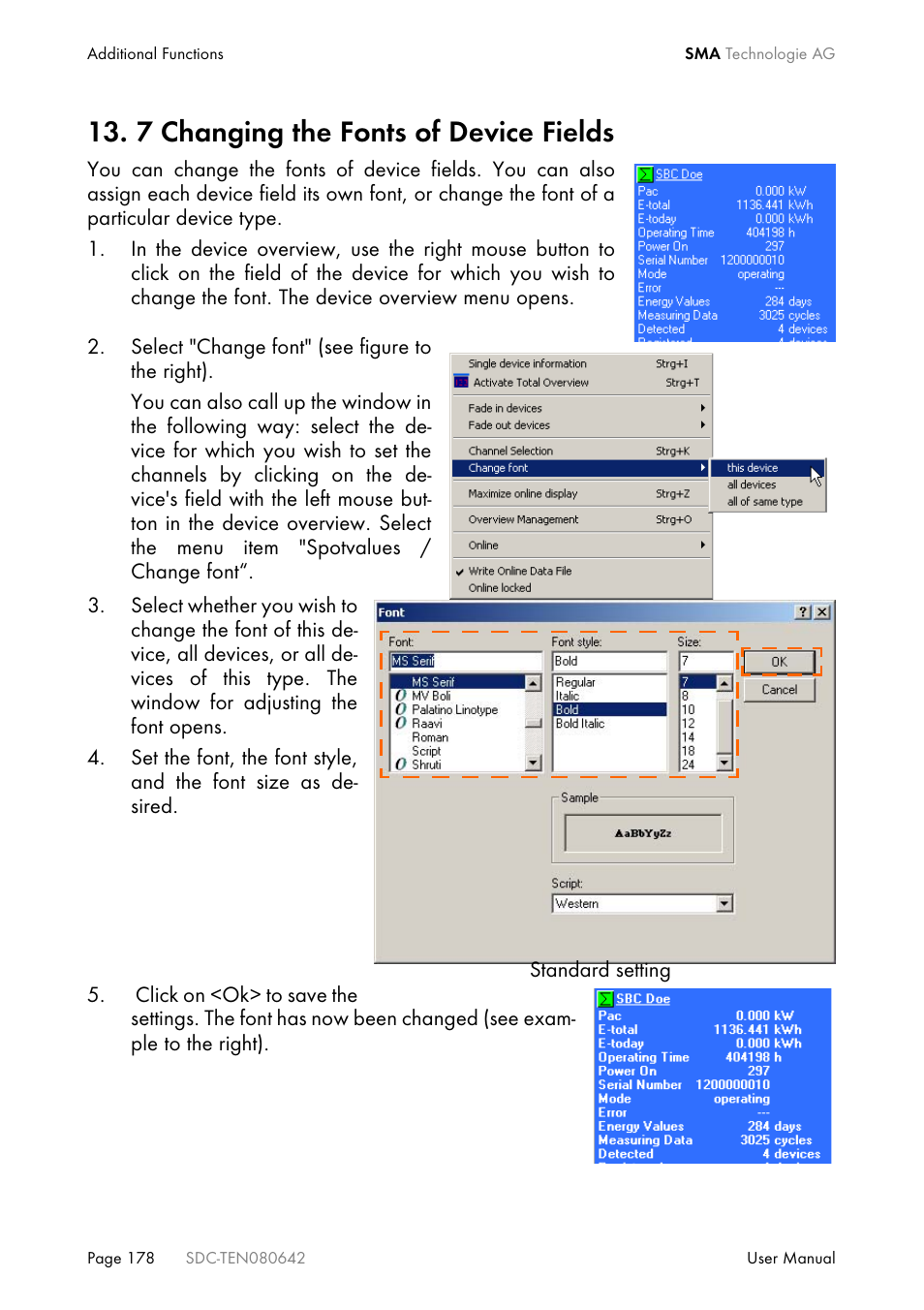 7 changing the fonts of device fields | SMA Sunny Data Control V.4.2 User Manual | Page 178 / 196