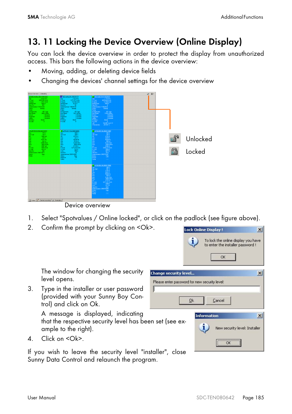 11 locking the device overview (online display) | SMA Sunny Data Control V.4.2 User Manual | Page 185 / 196