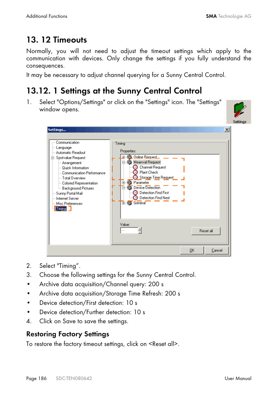 12 timeouts, 1 settings at the sunny central control | SMA Sunny Data Control V.4.2 User Manual | Page 186 / 196