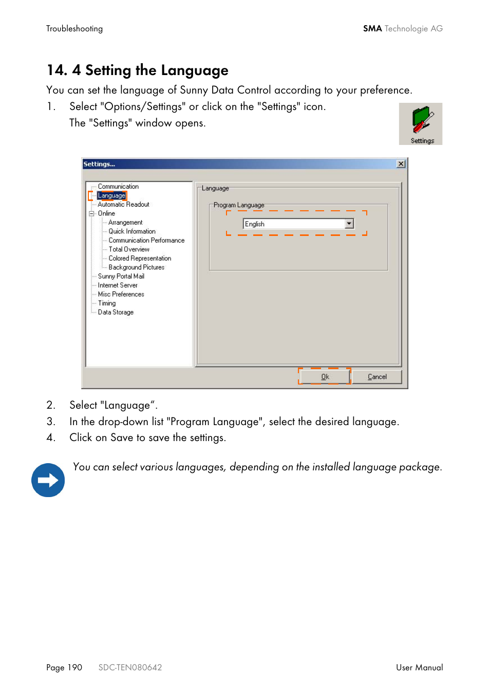 4 setting the language | SMA Sunny Data Control V.4.2 User Manual | Page 190 / 196