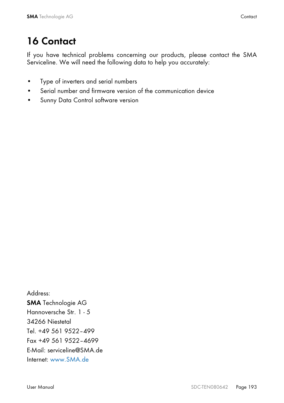 16 contact, Contact | SMA Sunny Data Control V.4.2 User Manual | Page 193 / 196