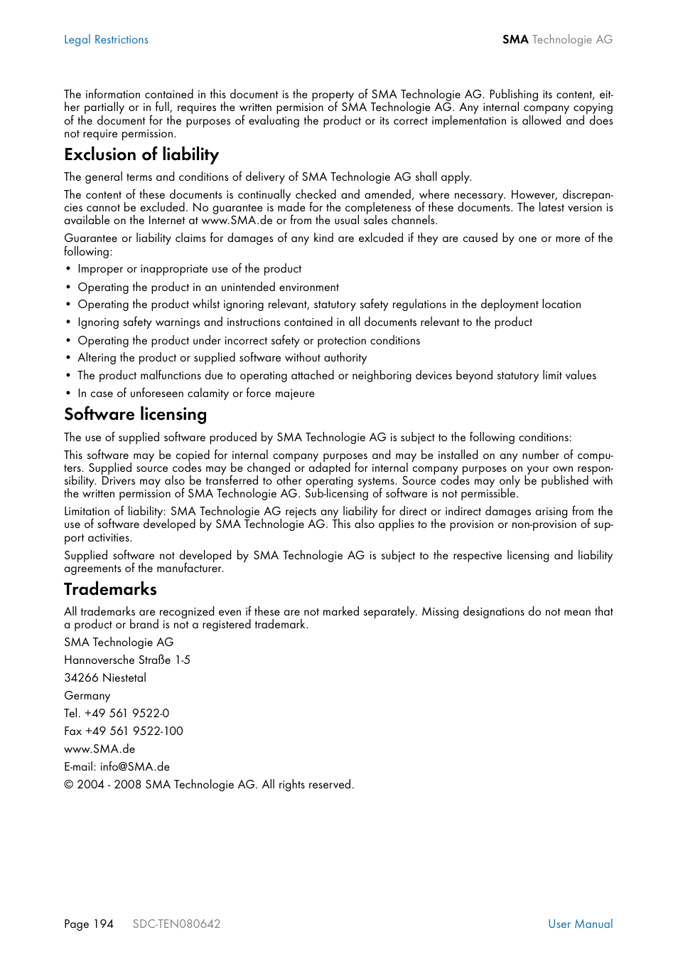Exclusion of liability, Software licensing, Trademarks | SMA Sunny Data Control V.4.2 User Manual | Page 194 / 196