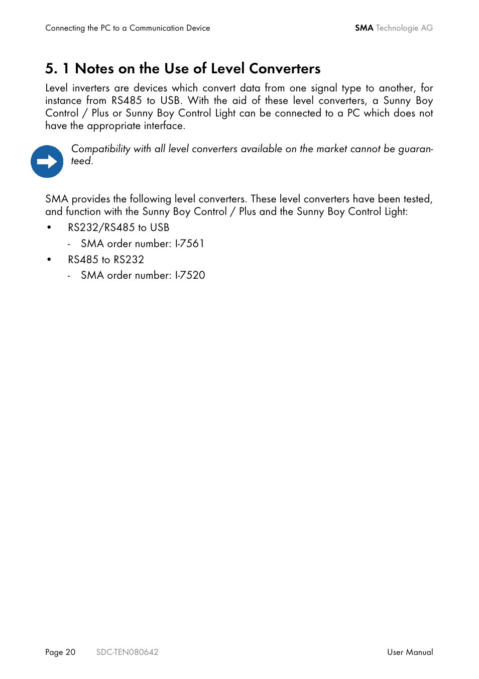 1 notes on the use of level converters, Notes on the use of level converters | SMA Sunny Data Control V.4.2 User Manual | Page 20 / 196