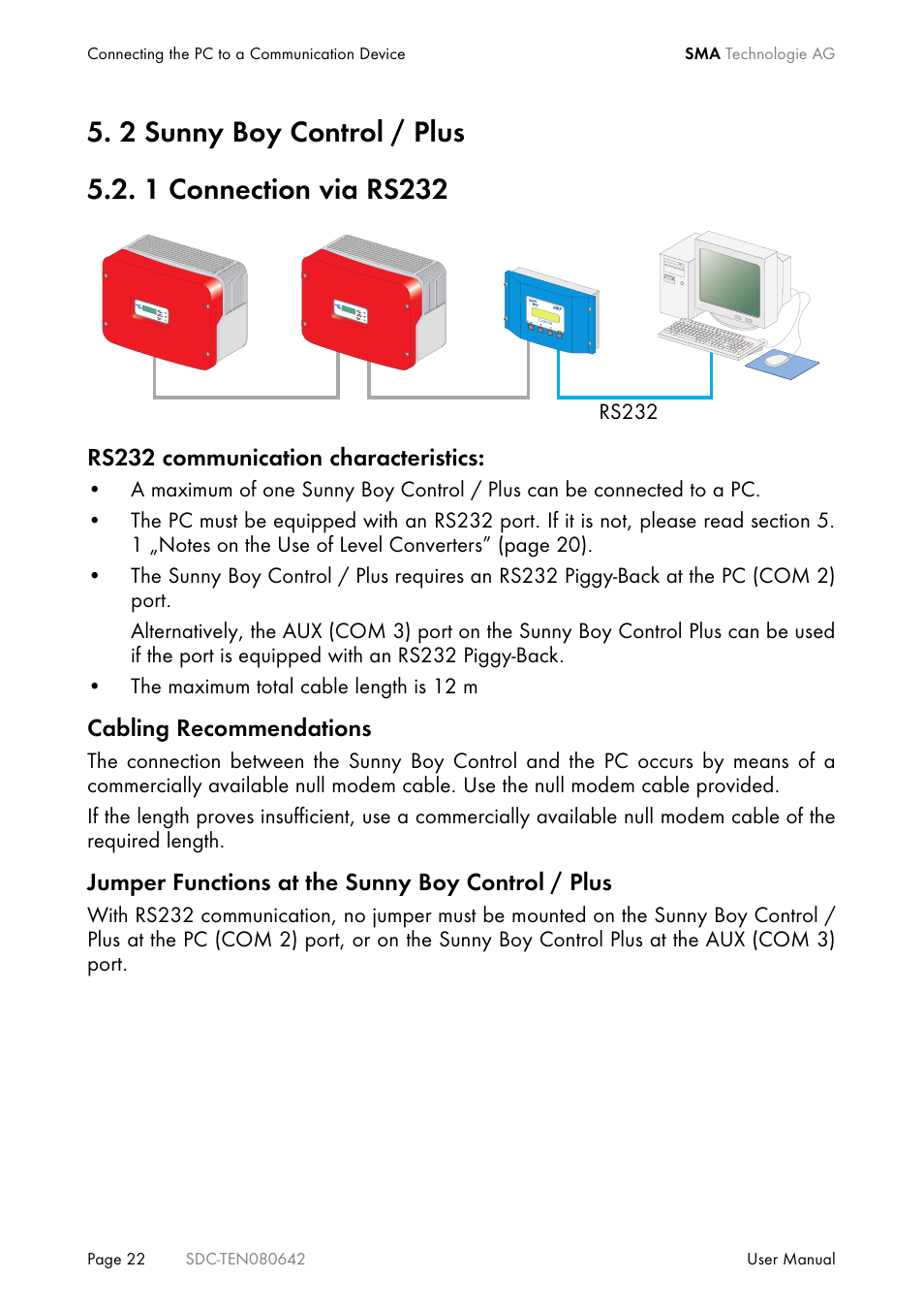 2 sunny boy control / plus, 1 connection via rs232, Sunny boy control / plus | Connection via rs232 | SMA Sunny Data Control V.4.2 User Manual | Page 22 / 196