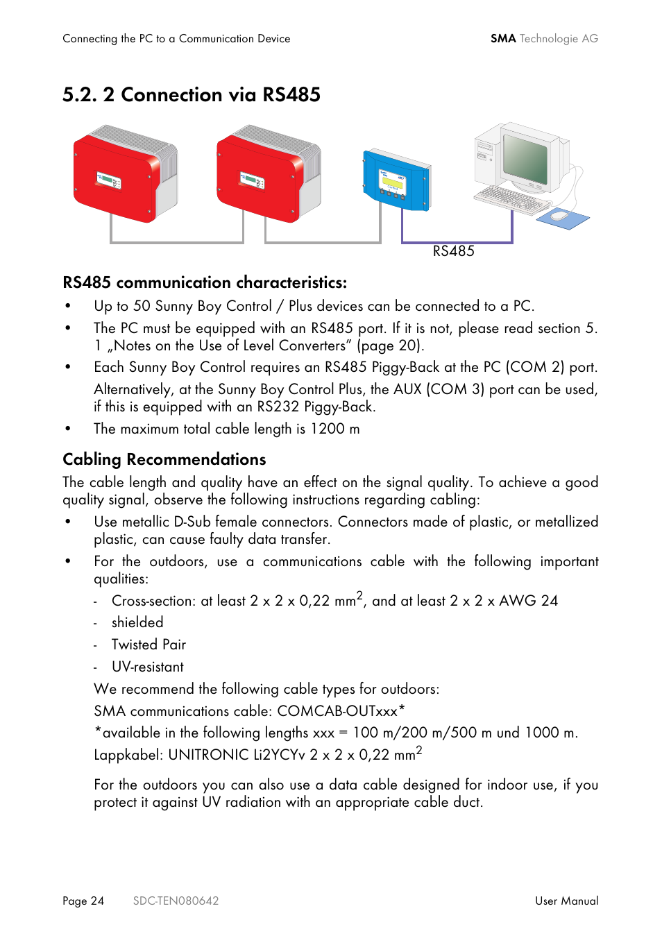 2 connection via rs485, Connection via rs485 | SMA Sunny Data Control V.4.2 User Manual | Page 24 / 196