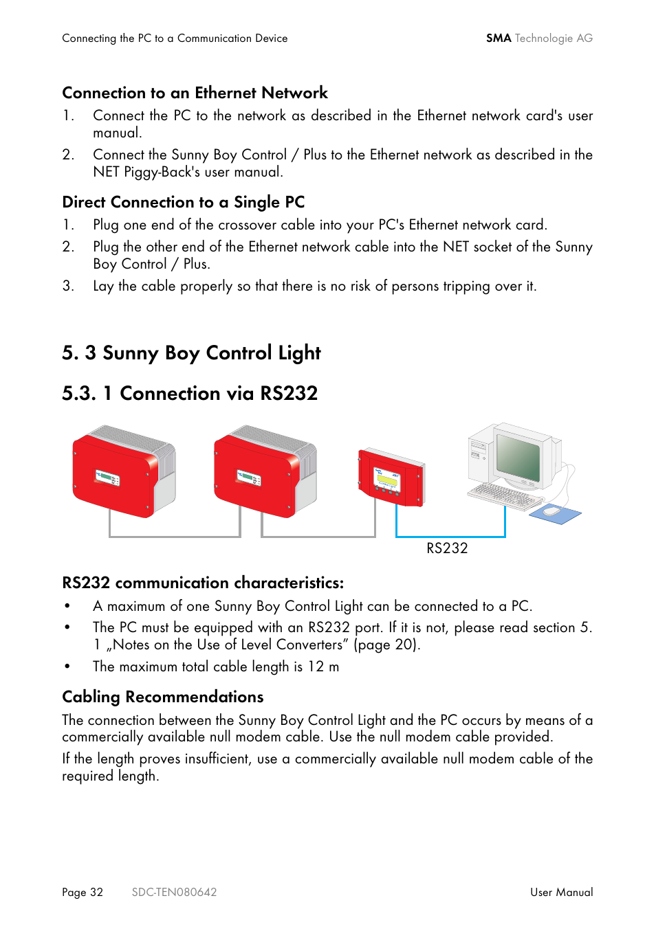 3 sunny boy control light, 1 connection via rs232, Sunny boy control light | Connection via rs232 | SMA Sunny Data Control V.4.2 User Manual | Page 32 / 196