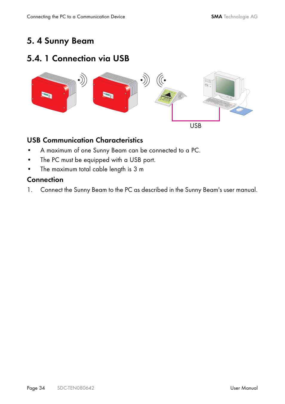 4 sunny beam, 1 connection via usb, Sunny beam | Connection via usb, 4 sunny beam 5.4. 1 connection via usb | SMA Sunny Data Control V.4.2 User Manual | Page 34 / 196