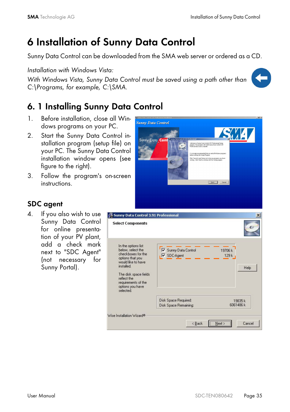 6 installation of sunny data control, 1 installing sunny data control, Installation of sunny data control | Installing sunny data control | SMA Sunny Data Control V.4.2 User Manual | Page 35 / 196