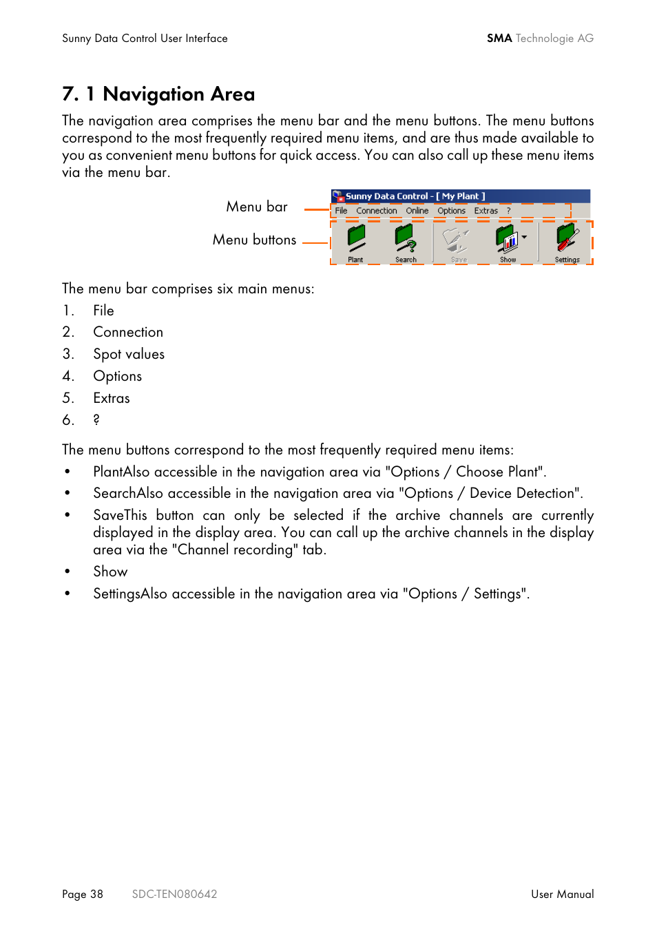 1 navigation area, Navigation area | SMA Sunny Data Control V.4.2 User Manual | Page 38 / 196