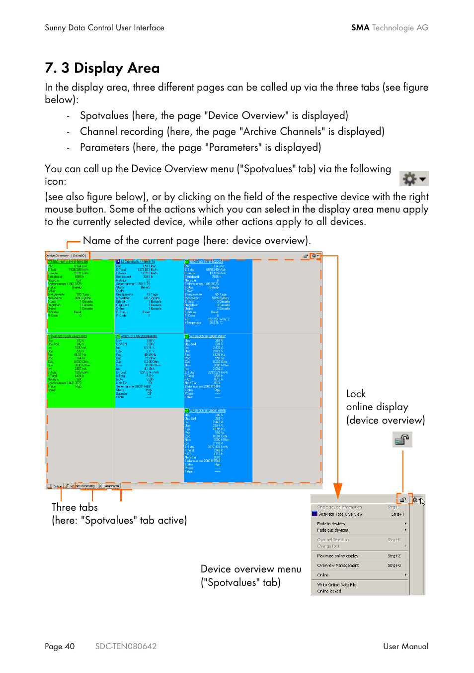 3 display area, Display area | SMA Sunny Data Control V.4.2 User Manual | Page 40 / 196