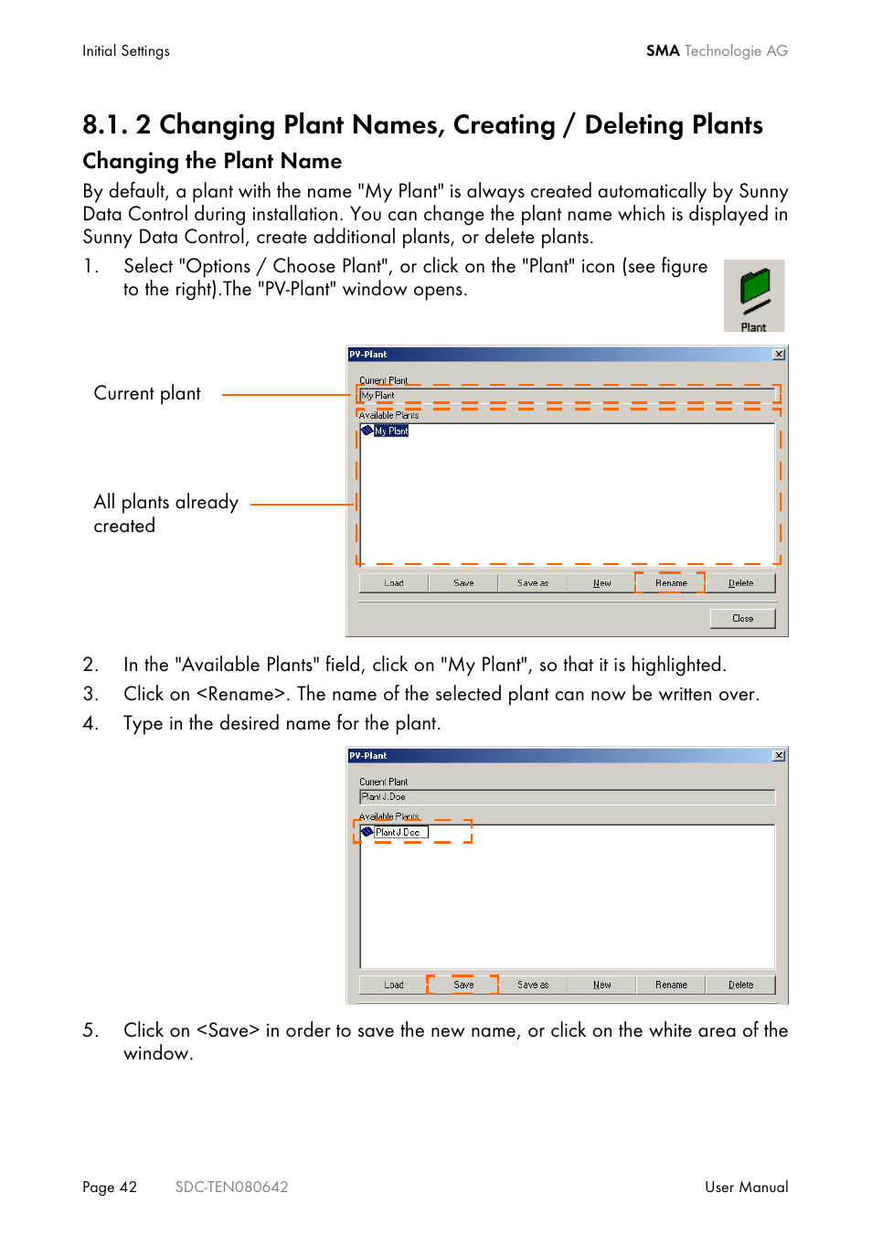 2 changing plant names, creating / deleting plants, Changing plant names, creating / deleting plants | SMA Sunny Data Control V.4.2 User Manual | Page 42 / 196