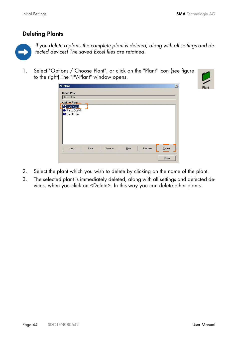 Deleting plants | SMA Sunny Data Control V.4.2 User Manual | Page 44 / 196