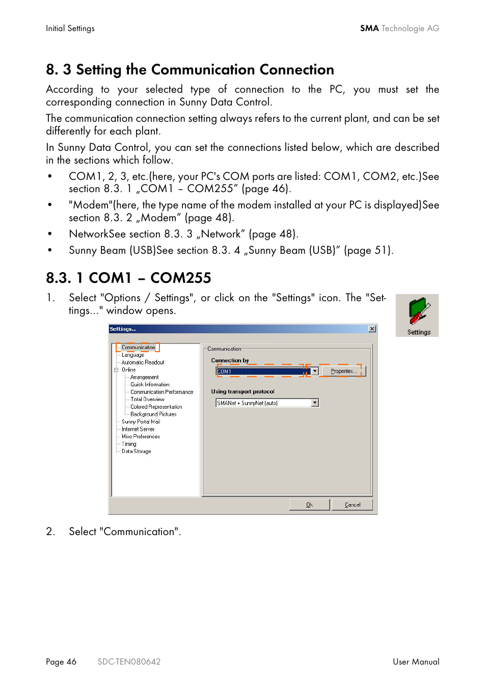 3 setting the communication connection, 1 com1 - com255, Setting the communication connection | Com1 – com255 | SMA Sunny Data Control V.4.2 User Manual | Page 46 / 196