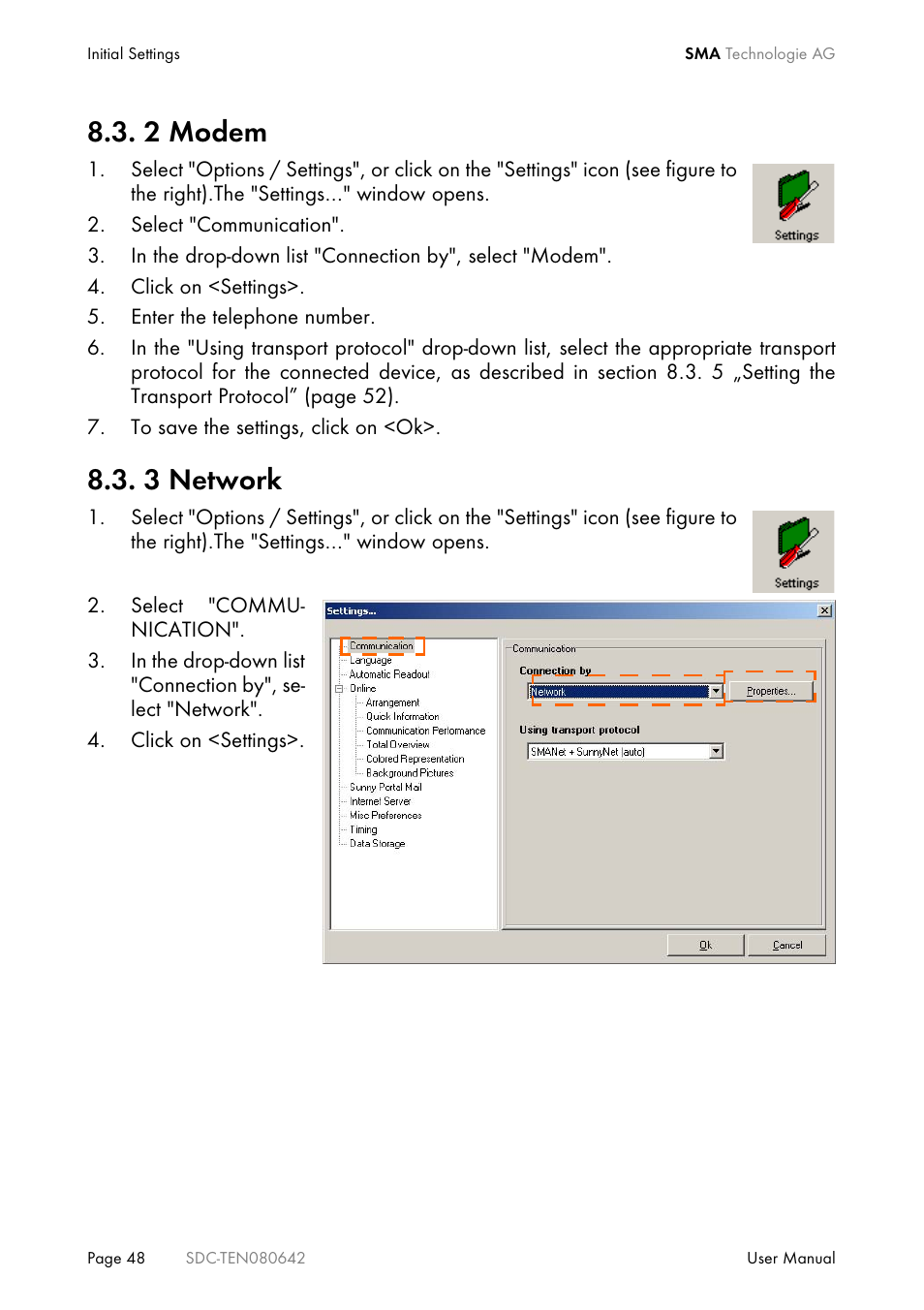 2 modem, 3 network, Modem | Network | SMA Sunny Data Control V.4.2 User Manual | Page 48 / 196