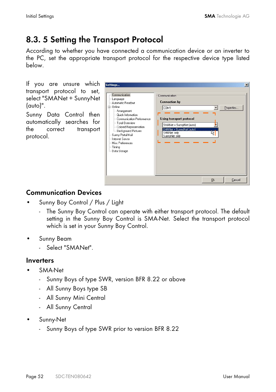 5 setting the transport protocol, Setting the transport protocol | SMA Sunny Data Control V.4.2 User Manual | Page 52 / 196