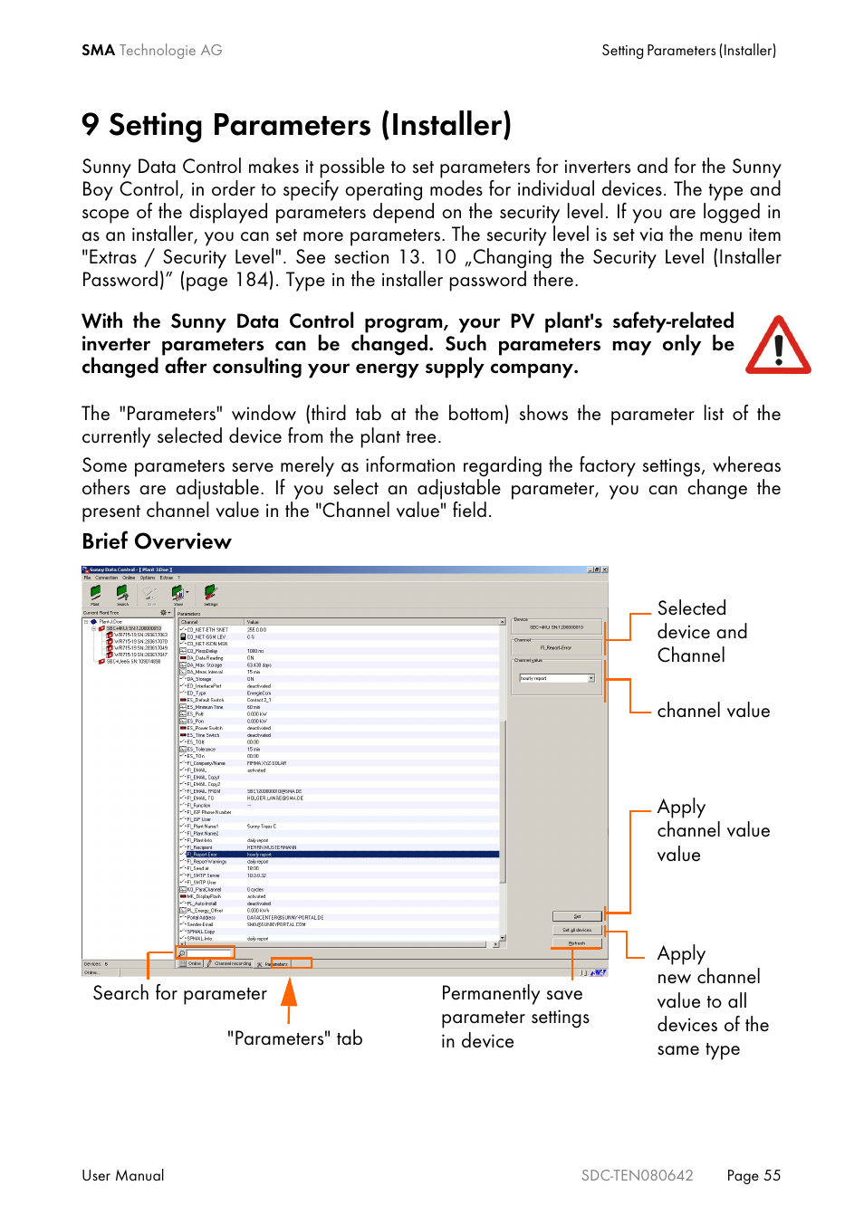 9 setting parameters (installer), Setting parameters (installer) | SMA Sunny Data Control V.4.2 User Manual | Page 55 / 196