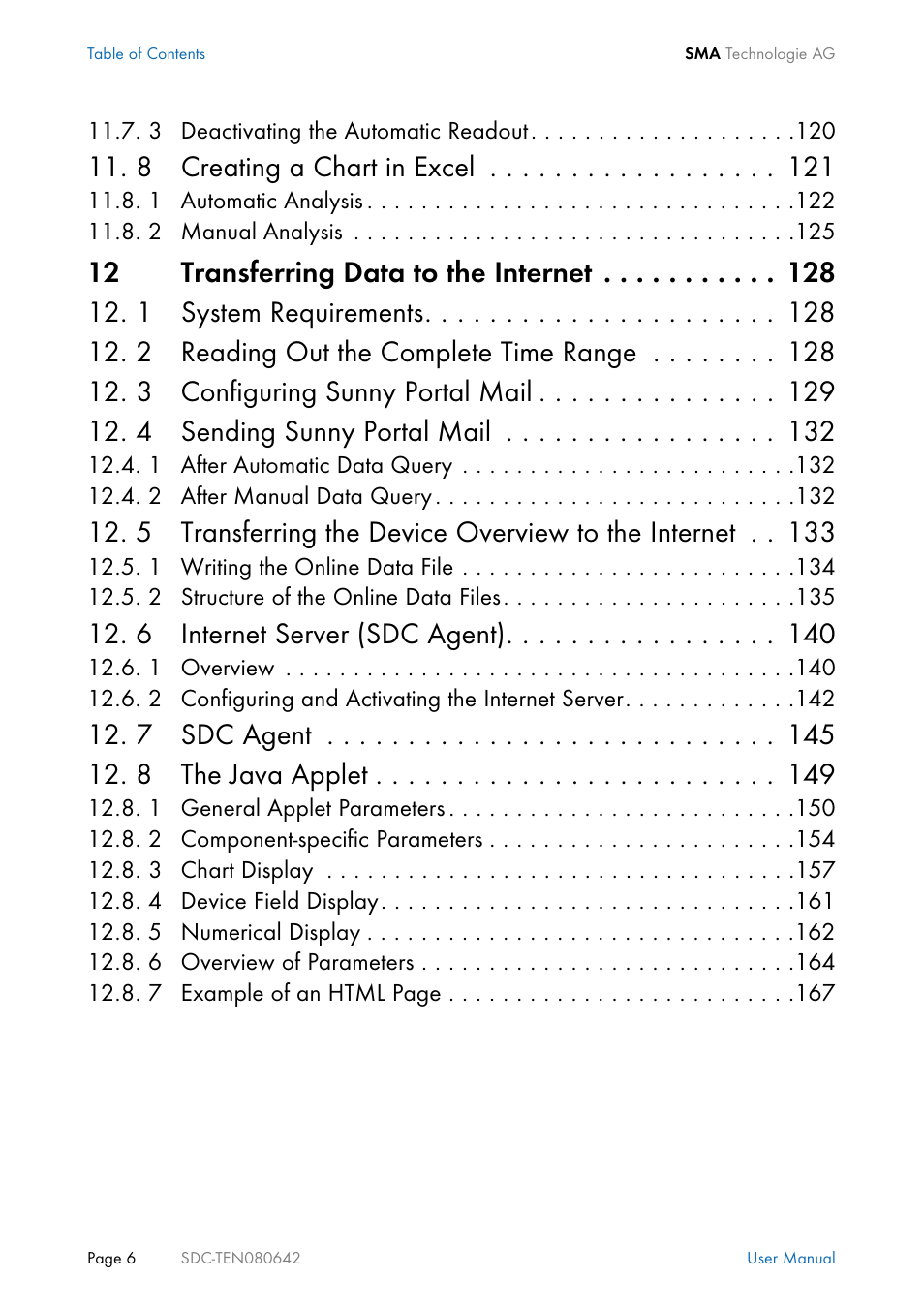 8 creating a chart in excel, 5 transferring the device overview to the internet, 6 internet server (sdc agent) | 7 sdc agent 12. 8 the java applet | SMA Sunny Data Control V.4.2 User Manual | Page 6 / 196