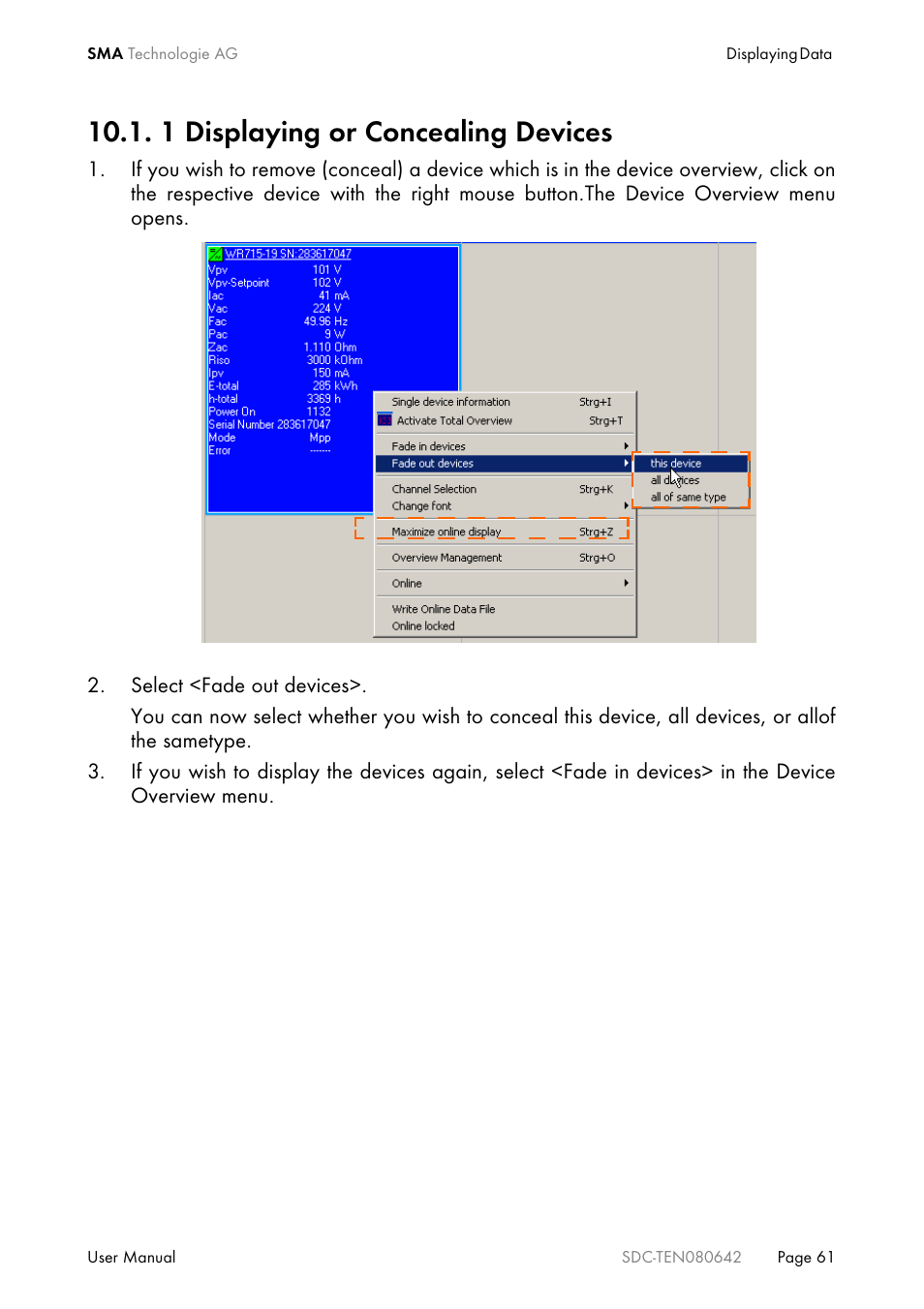 1 displaying or concealing devices | SMA Sunny Data Control V.4.2 User Manual | Page 61 / 196