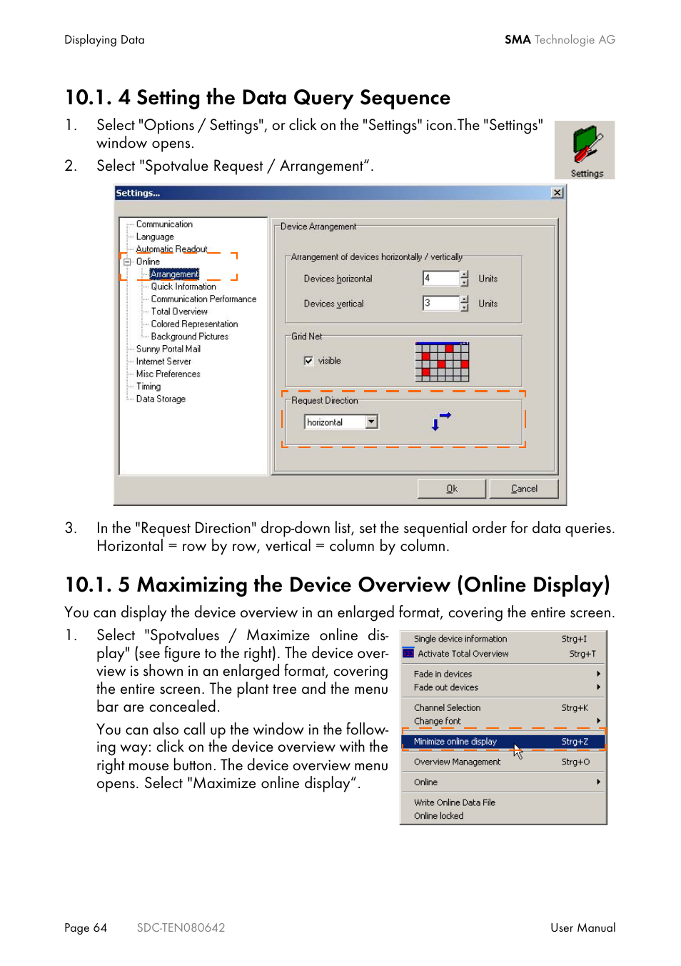 4 setting the data query sequence, 5 maximizing the device overview (online display) | SMA Sunny Data Control V.4.2 User Manual | Page 64 / 196