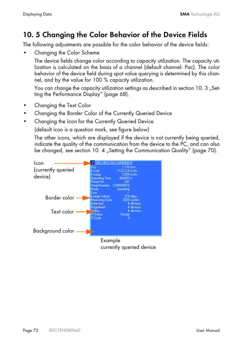 5 changing the color behavior of the device fields | SMA Sunny Data Control V.4.2 User Manual | Page 72 / 196