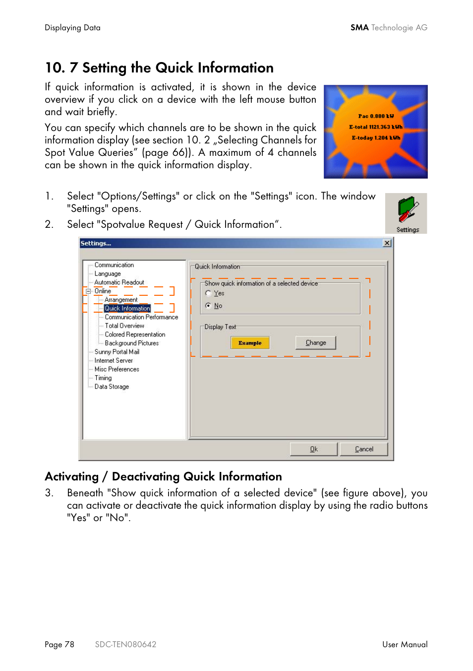 7 setting the quick information, Activating / deactivating quick information | SMA Sunny Data Control V.4.2 User Manual | Page 78 / 196