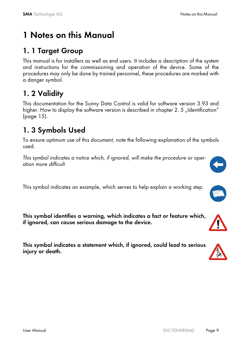 1 notes on this manual, 1 target group, 2 validity | 3 symbols used, Notes on this manual, Target group, Validity, Symbols used | SMA Sunny Data Control V.4.2 User Manual | Page 9 / 196