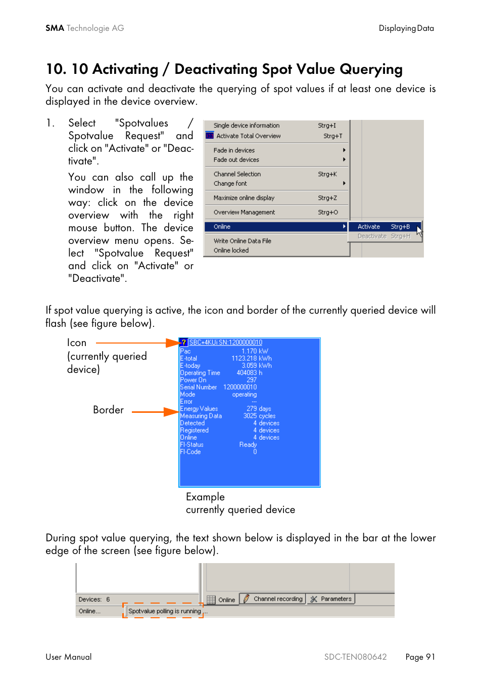 10 activating / deactivating spot value querying | SMA Sunny Data Control V.4.2 User Manual | Page 91 / 196