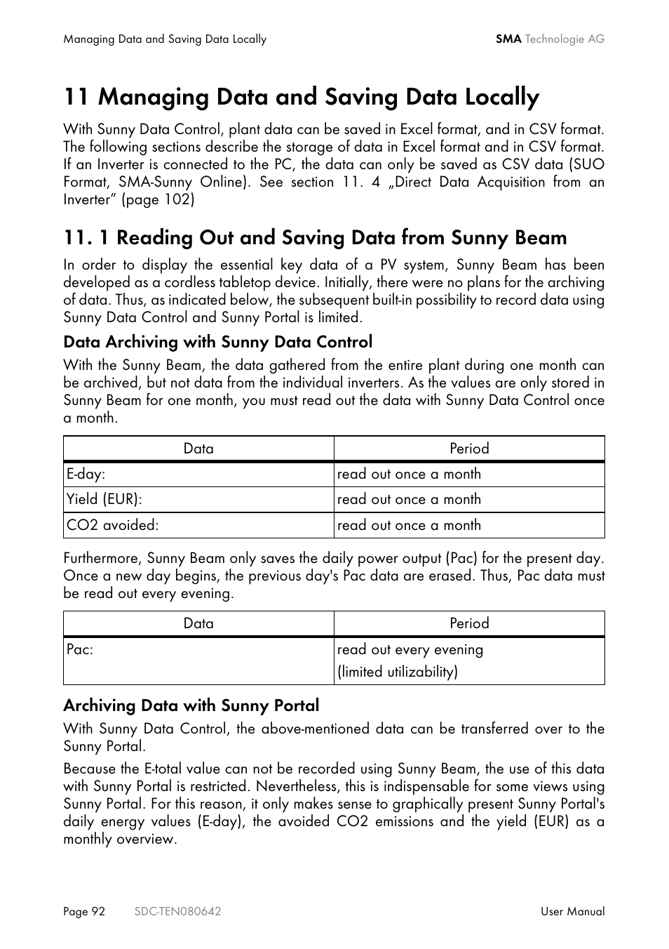 11 managing data and saving data locally, 1 reading out and saving data from sunny beam, Managing data and saving data locally | SMA Sunny Data Control V.4.2 User Manual | Page 92 / 196