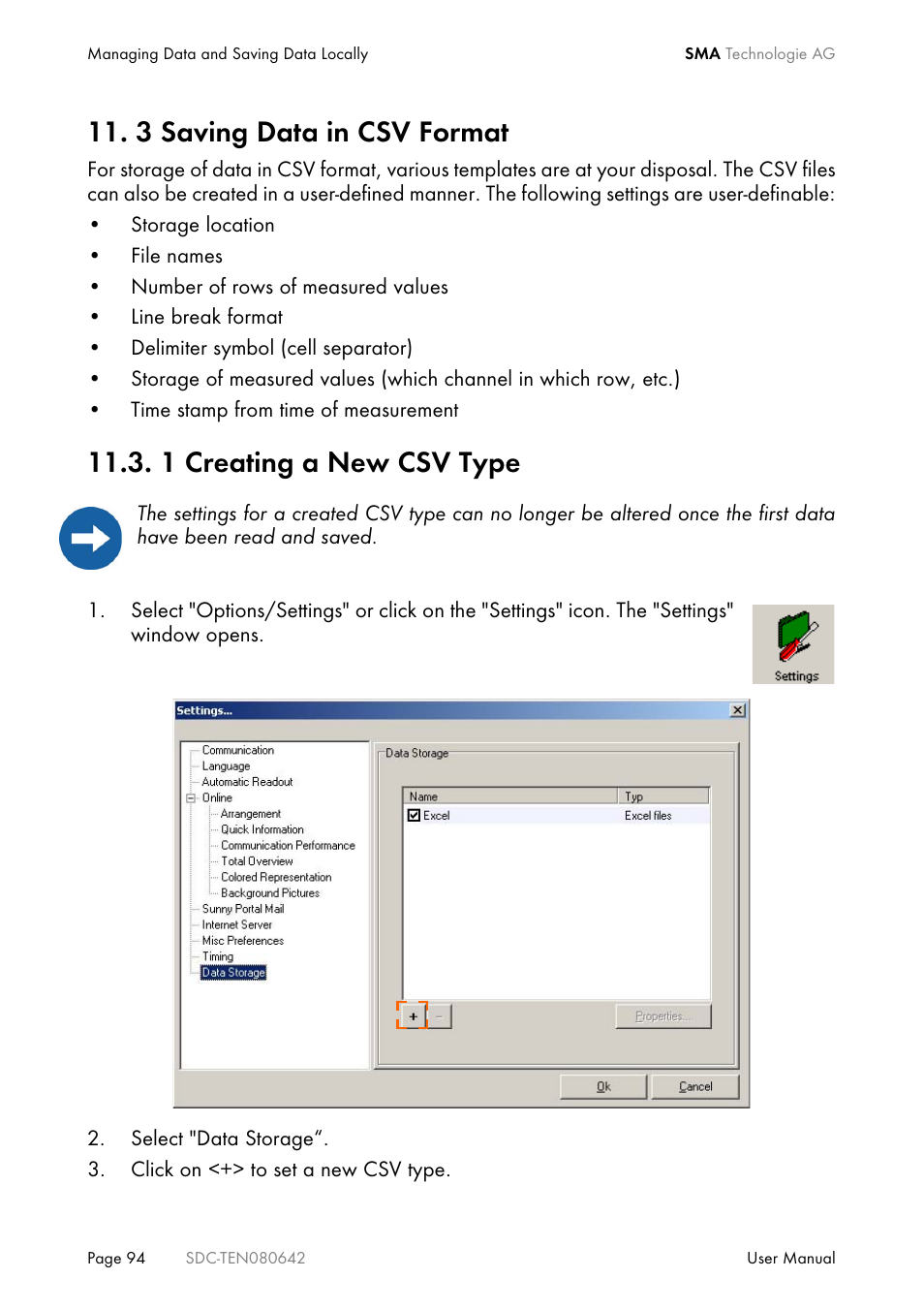 3 saving data in csv format, 1 creating a new csv type | SMA Sunny Data Control V.4.2 User Manual | Page 94 / 196