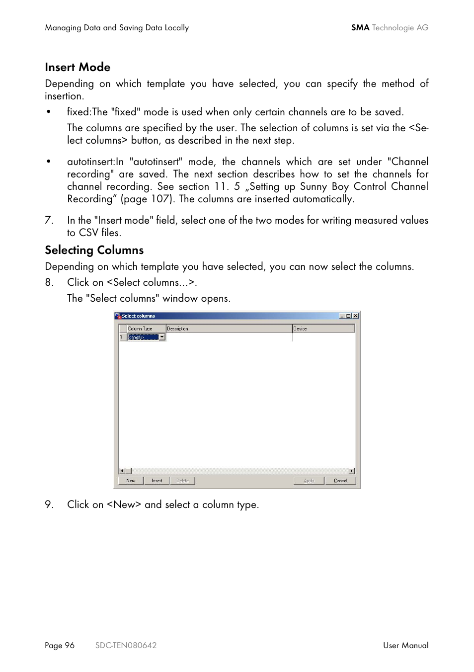 Insert mode, Selecting columns | SMA Sunny Data Control V.4.2 User Manual | Page 96 / 196