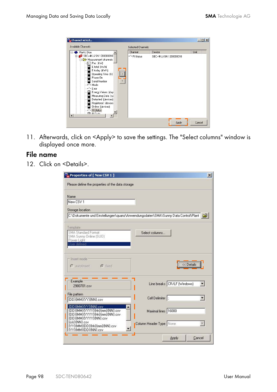 File name | SMA Sunny Data Control V.4.2 User Manual | Page 98 / 196