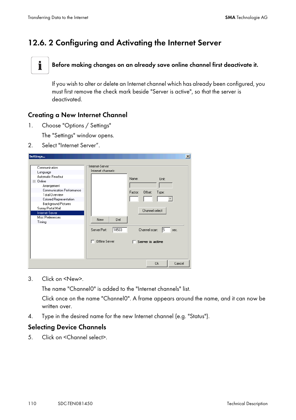 2 configuring and activating the internet server, Configuring and activating the internet server | SMA Sunny Data Control V.5.0 User Manual | Page 108 / 156