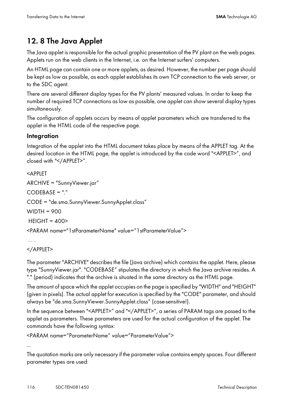 8 the java applet, The java applet | SMA Sunny Data Control V.5.0 User Manual | Page 114 / 156