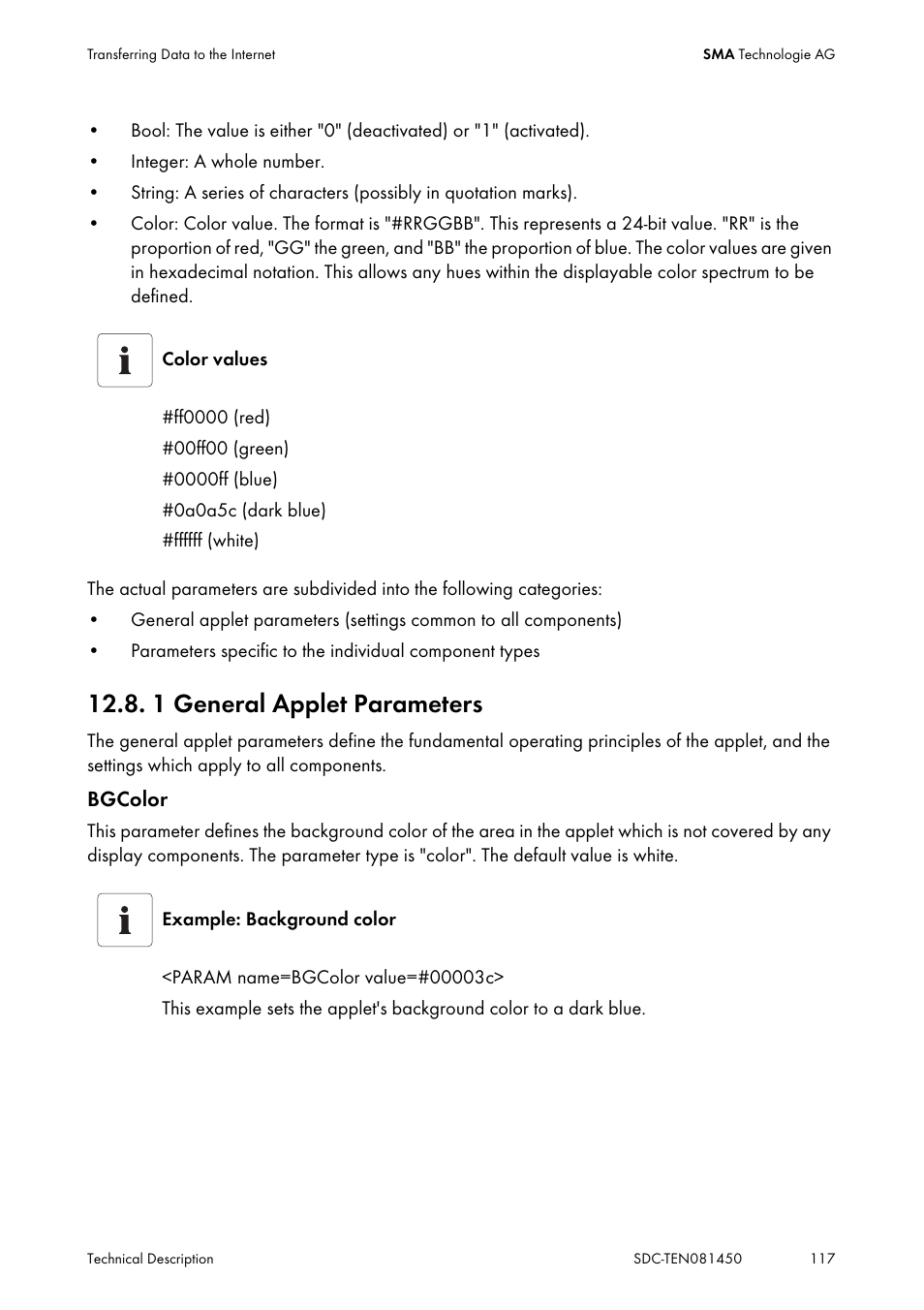 1 general applet parameters, General applet parameters | SMA Sunny Data Control V.5.0 User Manual | Page 115 / 156