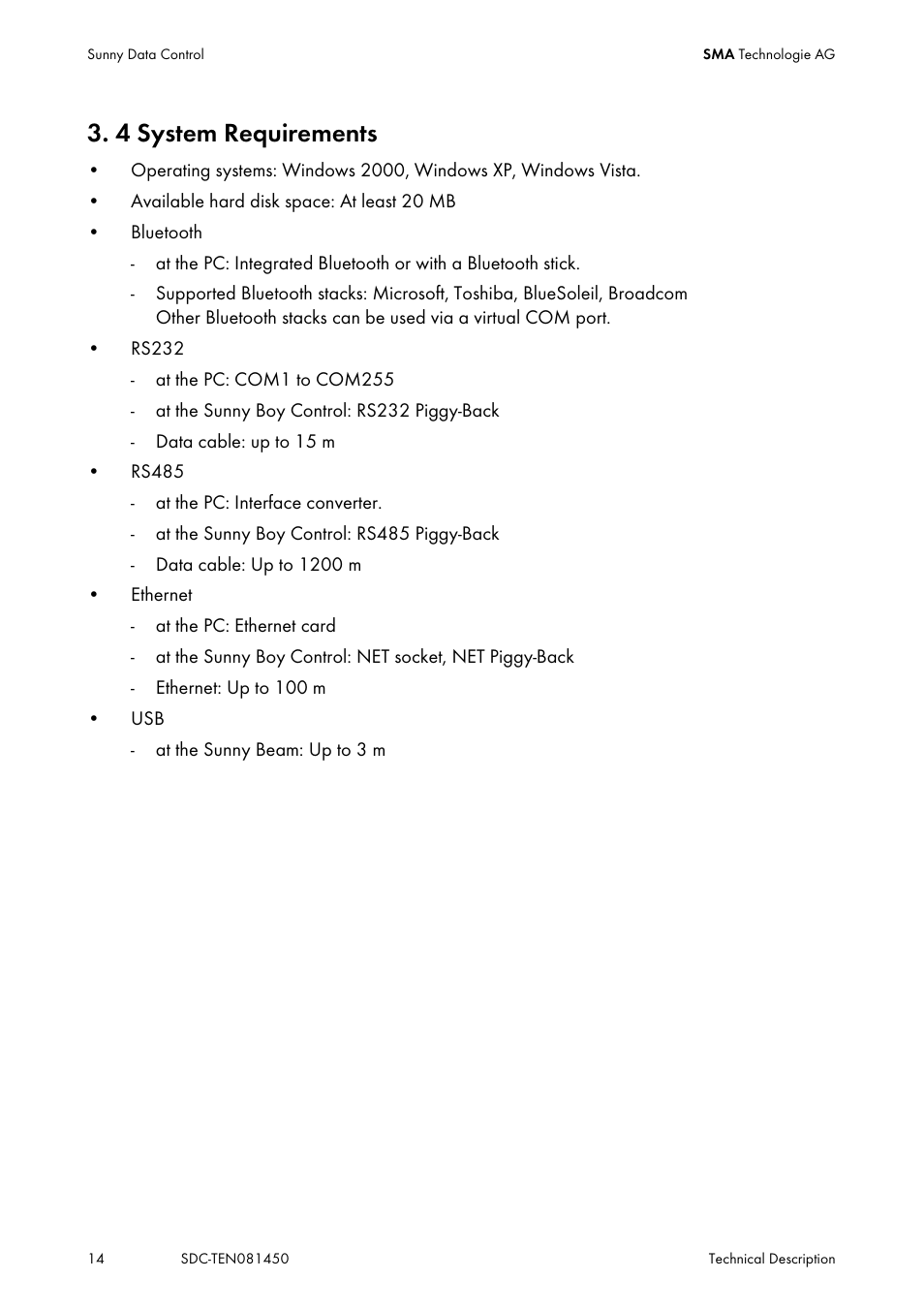 4 system requirements, System requirements | SMA Sunny Data Control V.5.0 User Manual | Page 12 / 156